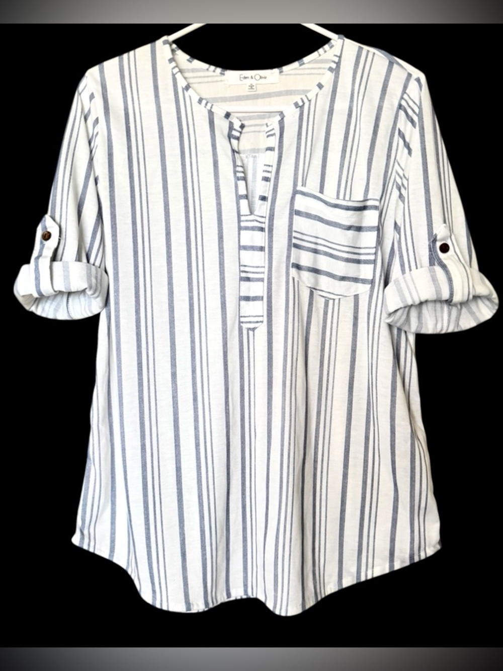 Eden & Olivia Striped Blue White Top 3/4 Sleeve Relaxed Blouse Women’s Sz M